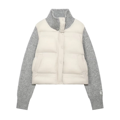 Giacca Trapuntata Patchwork Da Donna Maniche In Maglia Collo Alto Abbottonata Abbigliamento Casual Leggero
