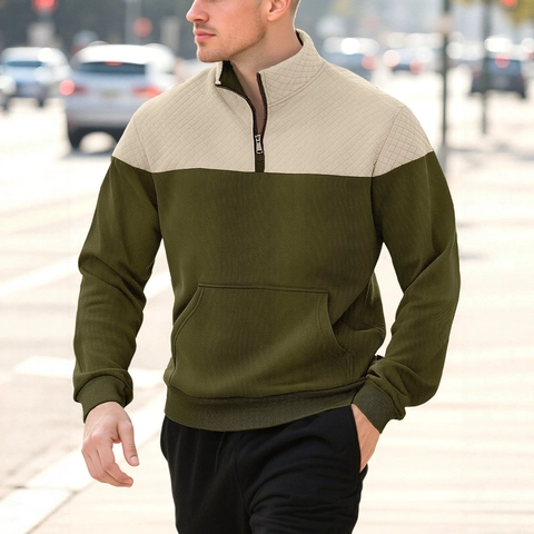 Sudadera Para Hombre Con Bloques De Color Cremallera Corta Cuello Alzado Patrón Diamante Acolchado Pullover Casual Streetwear