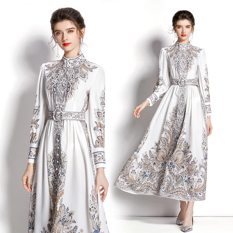 Elegant Vintage Paisley Print Maxi Dress For Women Stand Collar Long Lantern Sleeve With Belt Holiday Vacation Polyester
