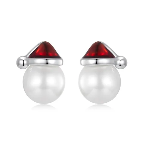 925 Sterling Silver Christmas Hat Stud Earrings For Women Artificial Pearl Red Enamel Cute Holiday Jewelry Gift Festive Accessories