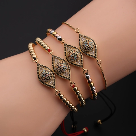 Evil Eye Bracelet Copper Colorful Cubic Zirconia Adjustable Rope Chain Turkish Ethnic Handmade Jewelry For Women