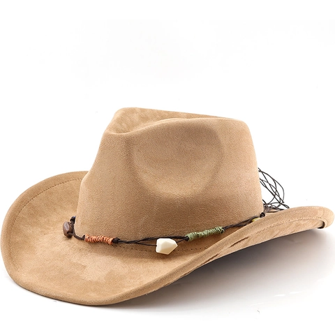 Western Cowboy Hat Faux Suede Wide Brim Ethnic Bead Shell Decorative Fedora Vintage Style For Men Women