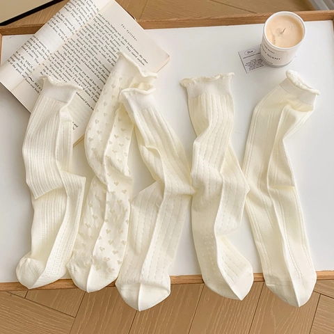 Damen Crew Socken Baumwollmischung Mesh Hohl Aus Rüschenrand Atmungsaktiv Süß Japanischer Stil