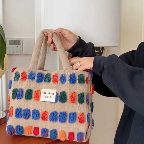 Damen Plüsch Eimer Tasche Bunte Getuftete Punkte Umhängetasche Handtasche Weicher Wollfilz Street Style Herbst Winter