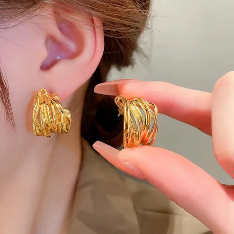 Gold Winding Irregular Geometric C Shaped Hoop Earrings With Silver Earring Post Fashion Metallic Chic For Women