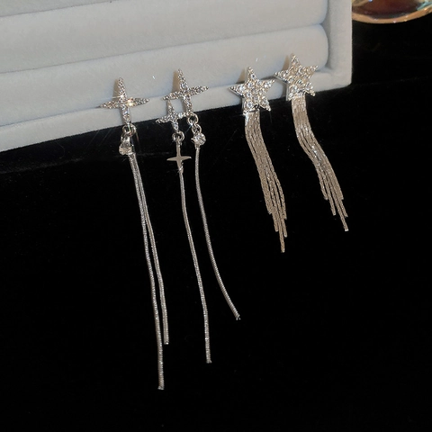 Starburst Lange Quasten Ohrhänger Mit Silver Earring Post Legierung Kupfer Zirkonia Eleganter Schmuck Für Damen