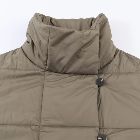 Women Fashion Short Quilted Jacket With Stand Collar Drawstring Waist Solid Color Button Down Winter Warm Cotton Padded Outwear