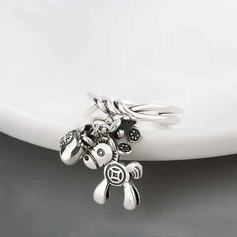 Retro Koperen Open Ring Voor Vrouwen Verstelbare Verzilverde Gelukspaard Geldzak Bloem Hanger Sieraden Geoxideerde Ring