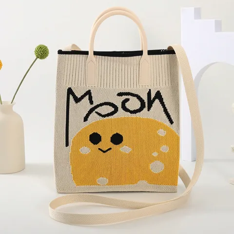 Knitted Tote Bag Women Large Capacity Shoulder Handbag Polyester Contrast Color Cute Cartoon Pattern Casual Commute