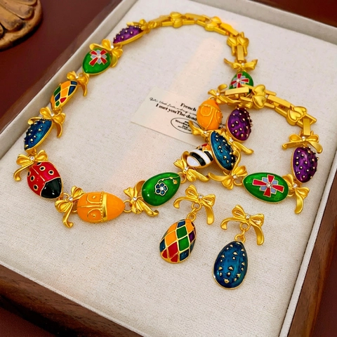 Vintage Court Style Schmuck Emaille Bunte Ei Anhänger Schleife Strass Halskette Armband Ohrringe Mit Silver Earring Post