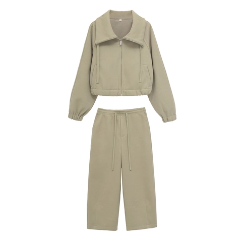 Damen Trainingsanzug Einfarbig Weiche Jacke Mit Reißverschluss Und Hose Mit Weitem Bein Kordelzug Streetwear Loungewear