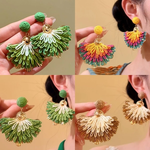 Boheemse Raffia Geweven Waaier-vormig Oorknopjes Voor Vrouwen Strand Vakantie Resort Stijl Handgemaakte Stro Geometrische Sieraden