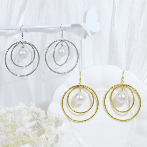 Pendientes De Aro Geométricos Acero Inoxidable Cobre Imitación Perla Artificial Círculo Doble Joyería Personalidad Para Mujeres