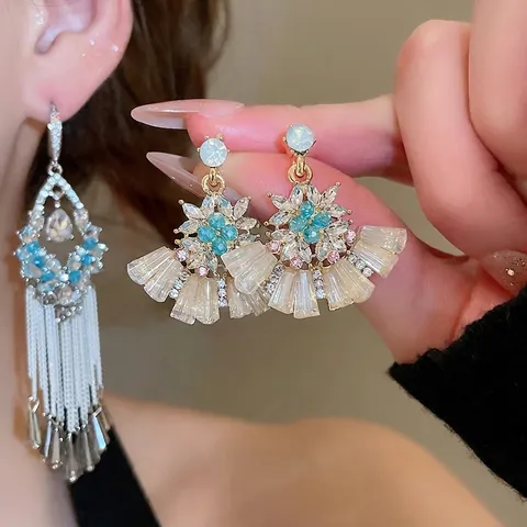 Orecchini Pendenti Fiore A Forma Di Ventaglio Lega Strass Cristallo Con Perno In Argento Sterling 925 Gioielli Eleganti