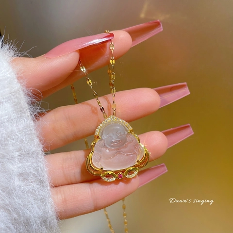 Collana Con Pendente Buddha Catena In Acciaio Inossidabile Con Finta Giada Zircone E Rubino Sintetico Gioielli Portafortuna Per Donna