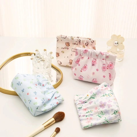 Mini Makeup Bag Portable Cosmetic Pouch Waterproof Polyester Floral Fruit Printed Travel Lipstick Coin Organizer For Women
