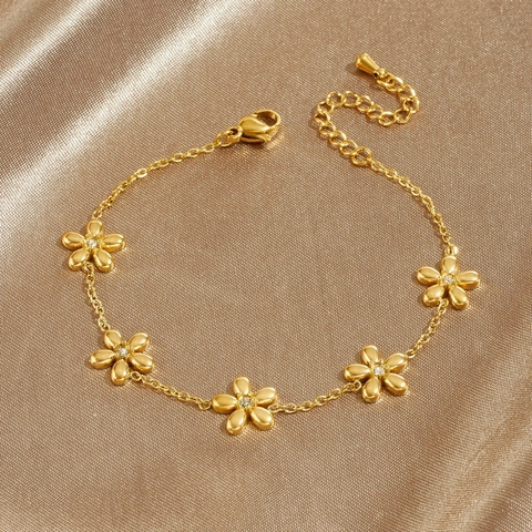 Bracciale A Catena Con Fiori In Acciaio Inossidabile Placcato Oro Da Donna Stile Di Nicchia Elegante Zircone Regolabile