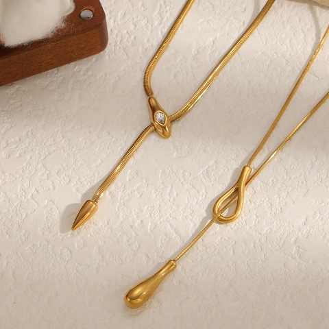 Stainless Steel Snake Bone Chain Necklace 18k Gold Plated Long Y Shaped Zircon Pendant Adjustable For Women