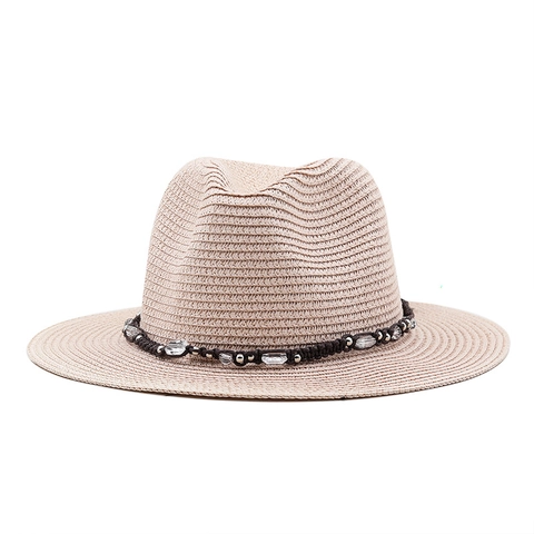 Wide Brim Straw Fedora Sun Hat Breathable Beach Jazz Cap With Beaded Decorative Band For Men Women Kids