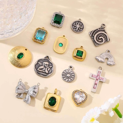 Ciondoli Pendenti In Acciaio Inossidabile Per Creazione Collane DIY Retro Francese Cuore Croce Fiocco Zircone Pietra Di Vetro Accessori Gioielli