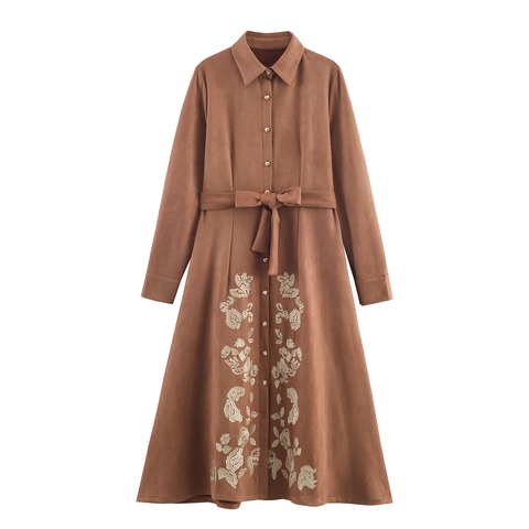Elegante Abito Lungo A Camicia In Camoscio Con Ricamo Floreale E Cintura A Fiocco Maniche Lunghe Collo A Revers Donna