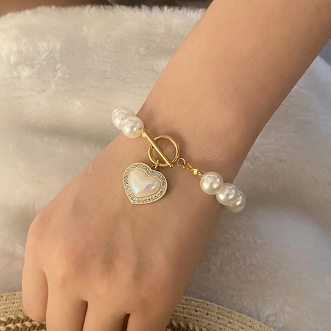 Kunstparel Ketting En Armband Met Harthanger Roestvrij Staal Strass Schelp Knevelsluiting Mode-Sieraden Voor Dames