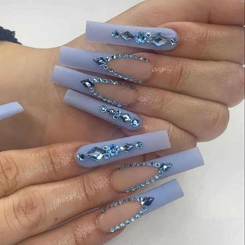 French Press On Nails Matte Light Purple Long Square Coffin Shape Rhinestone Studded Luxury Glitter Fake Nails For Women
