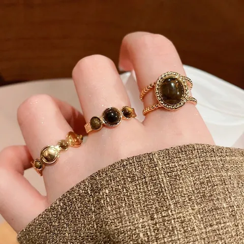 Vintage Tiger Eye Stone Round Open Ring 18K Gold Plated Copper Adjustable Finger Jewelry For Women