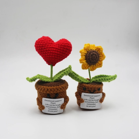 Handmade Crochet Emotional Support Plant Positive Quote Card Desk Decor Kawaii Yarn Sunflower Heart Potted Gift