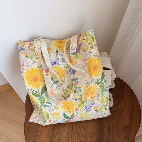 French Floral Cotton Canvas Tote Bag Large Capacity Cute Bear Girl Print Casual Shoulder Shopping Handbag Women