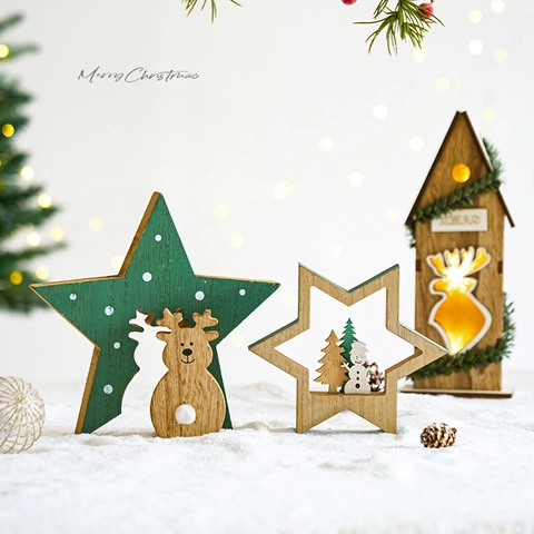 Christmas Wooden Desktop Ornaments Handmade Xmas Santa Claus Snowman Star Elk Tabletop Decorations Holiday Party Decor
