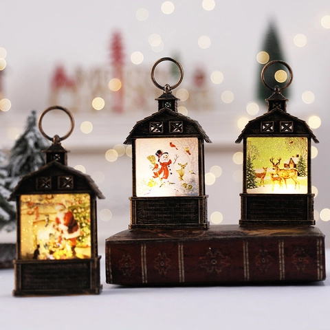 Lanterna Natale LED Lampada Granaio Vintage Finitura Bronzo Antico Decorazione Tavola Babbo Natale Pupazzo Di Neve Renna Motivi