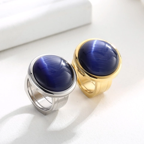 Damen Statement Ring Edelstahl Großer Runder Naturstein Tigerauge Türkis Katzenauge Kristall Luxus Mode Schmuck