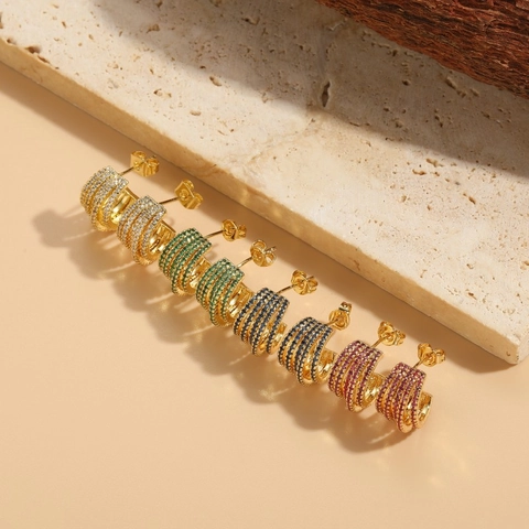 Boucles D'oreilles Créoles En C Élégantes Pour Femmes Multi Couches Cuivre Avec Zircon Coloré Micro Pavé Doré Bijoux