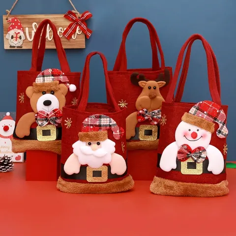 Weihnachtsgeschenktüten Jute Samt Strick 3D Weihnachtsmann Schneemann Rentier Puppe Handheld Kordelzug Feiertagsparty