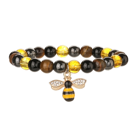 Natural Stone Beaded Bracelet With Bee Honeycomb Pendant Tiger Eye Citrine Obsidian Enamel Charm Elastic Boho Jewelry For Women