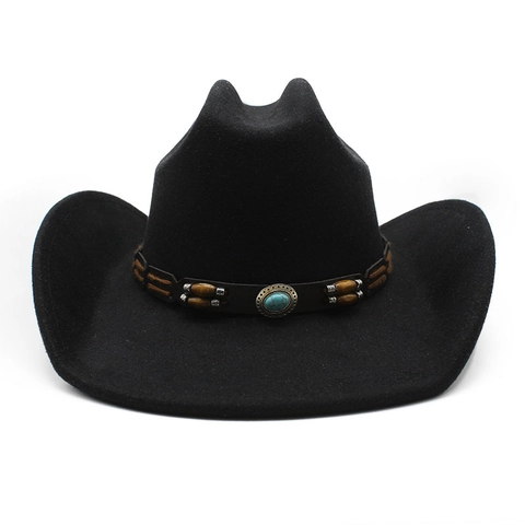 Chapeau De Cow-Boy Western Fedora En Feutre À Bord Large Bande De Perles En Bois Turquoise Ethnique Unisexe