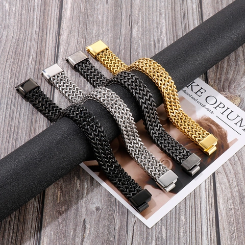 Stainless Steel Braided Wheat Chain Bracelet With Magnetic Clasp Wide Industrial Style Retro Men Bangle Jewelry
