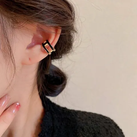 Polsino Per Orecchio A Forma Di C A Doppio Strato Rame Con Zircone E Smalto Nero Orecchini Geometrici Senza Buco
