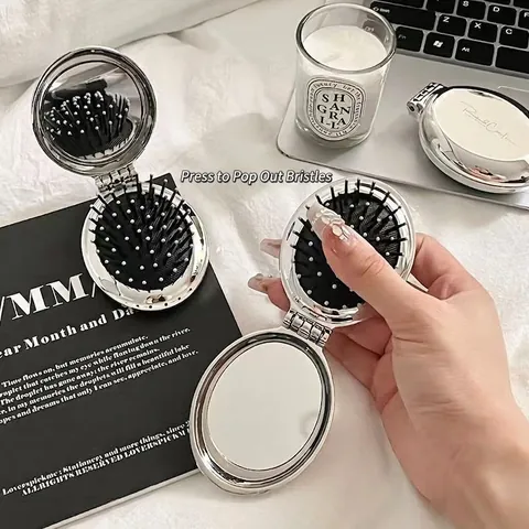 Spazzola Per Capelli Pieghevole Portatile Specchio Combo Plastica Argento Elettroplaccato Cuscino D'Aria Massaggio Setole Mini Taglia Da Viaggio