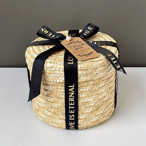 Round Woven Storage Basket Natural Wheat Straw Gift Container With Lid Ribbon Decor Handmade Pastoral Wedding Souvenir Packaging