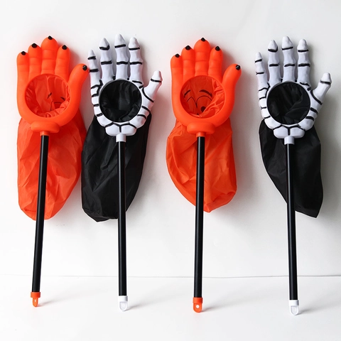 Halloween Trick Or Treat Candy Bag Long Handle Skeleton Monster Hand Claw Plastic Toy Prop For Kids Festive Decoration