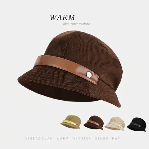 Women Corduroy Bucket Hat Retro Winter Warm Fisherman Hat With Faux Leather Strap Metal Buckle Foldable Vintage Style