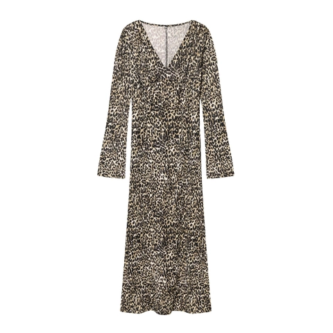 Leopardenmuster Maxikleid Plissee V-Ausschnitt Langarm Hohe Taille Schlanke Passform Elegant Sexy Abendkleid Für Damen