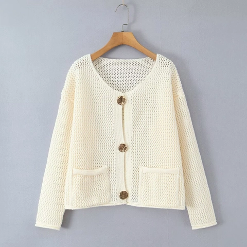 Women V Neck Knit Cardigan Chunky Crochet Long Sleeve Metal Button Casual Sweater With Pockets
