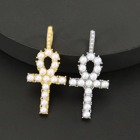 Collana Con Ciondolo Croce Ankh Lega Strass Iced Out Perla Artificial Gioielli Hip Hop Unisex