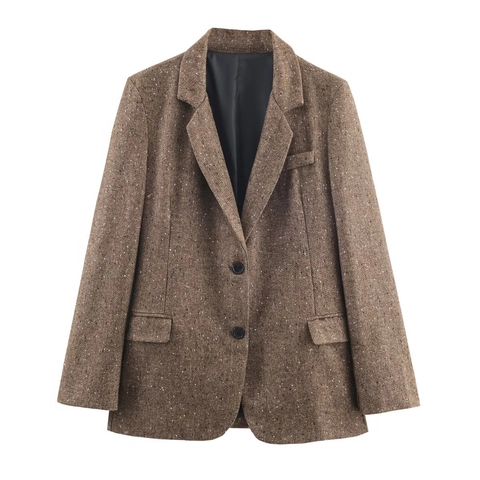 Damen Blazer Fischgrätenmuster Vintage Tweed Jacke Langarm Revers Wollmischung Doppelknopf Und Pattentaschen