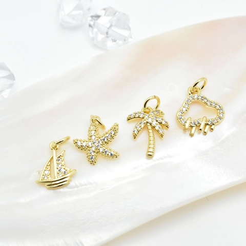 Charms Pendants Sailboat Starfish Palm Tree Cloud Micro Pave Zircon 18K Gold Plated Brass For DIY Jewelry Making