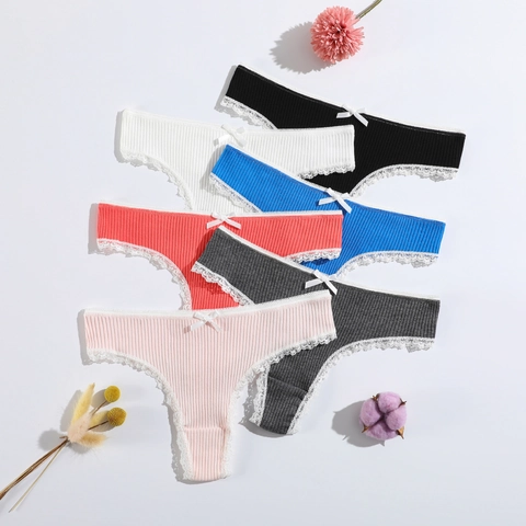 String En Coton Pour Femmes Sous-Vêtements Côtelés Respirants Taille Basse Avec Dentelle Et Nœud