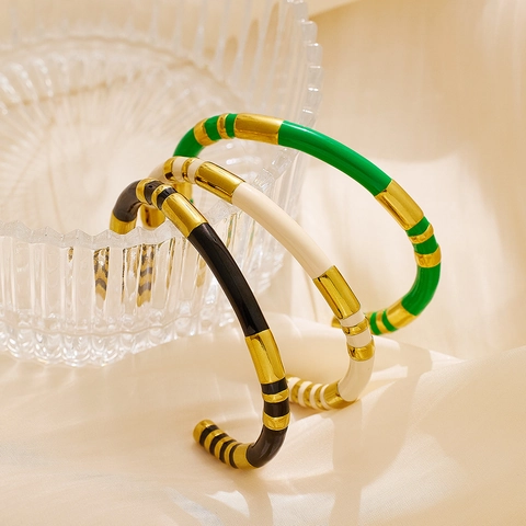 Bracciale Rigido in Acciaio Inossidabile a Segmenti in Smalto per Donna Semplice Placcato Oro a C Gioiello di Moda